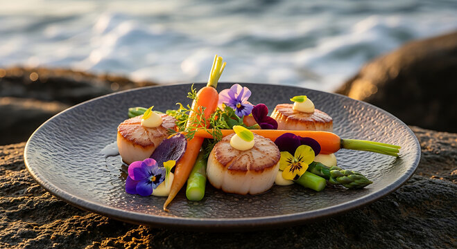 Vieiras caramelizadas con flores comestibles y algas