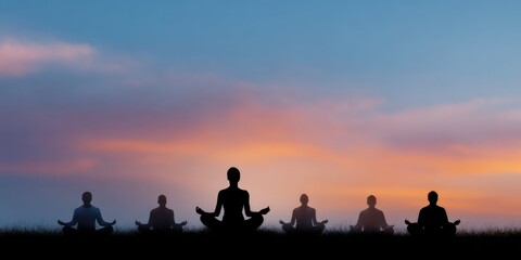 Fototapeta premium Group meditation at sunset with diverse adults practicing yoga outdoors