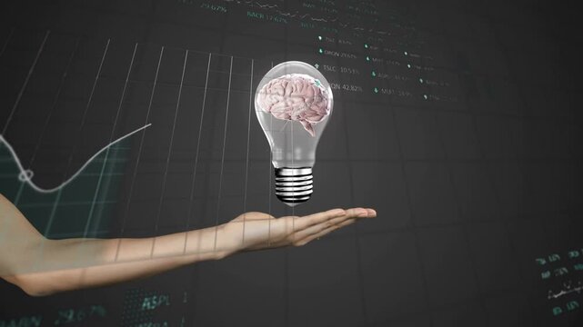 Left palm holding falling brain bulb, causing percent updates and teal graph drawing for data