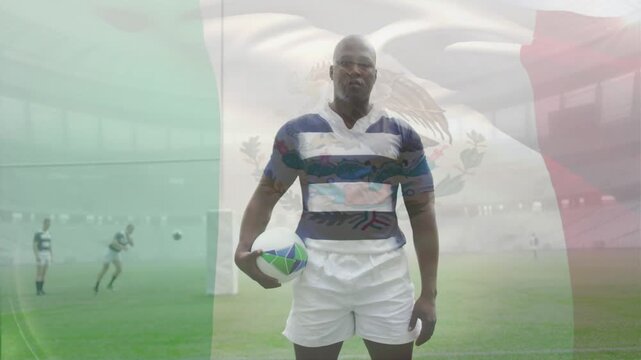 Center rugby player holding ball cam zooming causing flag waving team warming posts preparing kick