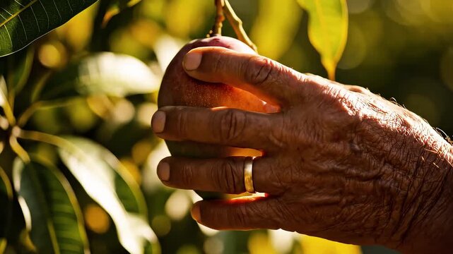 Close-up of senior farmer hand with wedding ring picking ripe mango on tree in golden sunlight, shallow depth of field, natural orchard background.