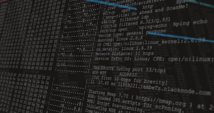 Two black frames resolving, terminal showing scan, camera panning right, blue bars revealing IPs