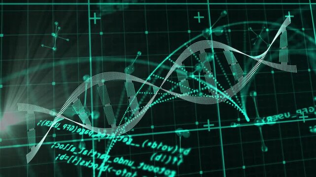 Teal dotted double-helix oscillating, rotating over grid, responding to right-node flare for data