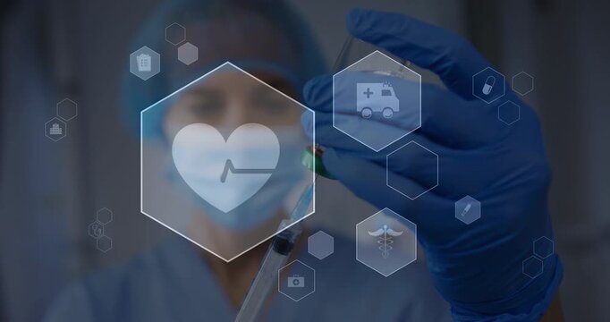 Clinician inserting needle into vial and drawing vaccine dose while hex icons floating heart pill
