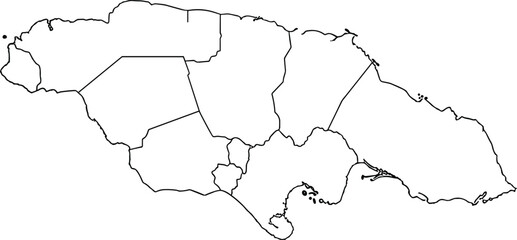 Obraz premium Black and White Outline Map of Jamaica with Administrative Parish Borders Isolated on White Background for Educational Geography and Vector Design Projects