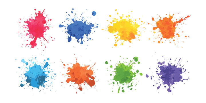 Set of colorful watercolor paint splatters and ink splashes on white background vector illustration for creative design projects