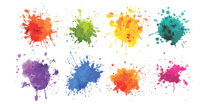 Set of colorful watercolor paint splashes and ink splatters with vibrant rainbow colors on white background vector illustration