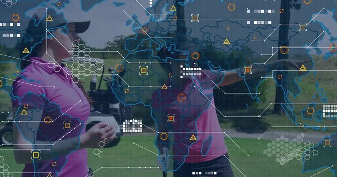 Two women golfers on fairway, right golfer with club pointing, initiating HUD overlay guiding shot