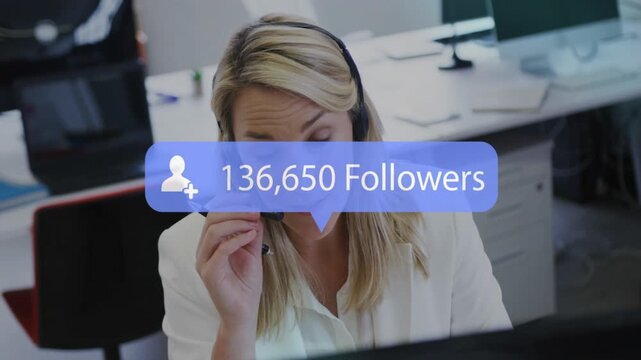 Support agent speaking into headset, follower overlay fading on torso, rising to 700k for marketing