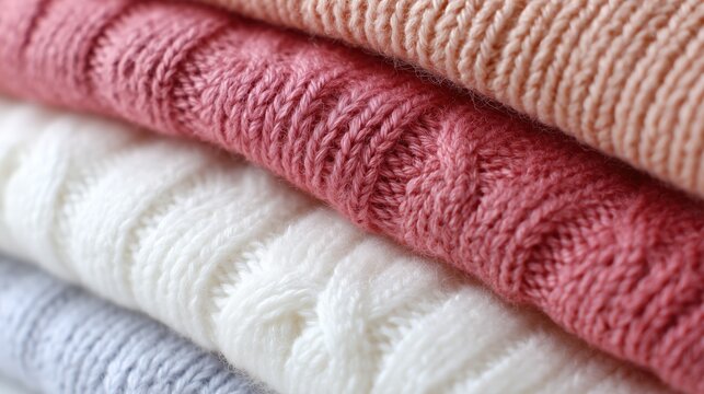 Close-up of colorful knit fabrics displaying detailed patterns and textures