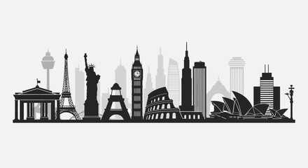 Naklejka premium City skylines, famous landmarks, black and white illustration, urban landscape, travel icons