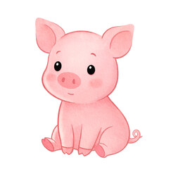 Fototapeta premium Cute cartoon illustration of a pig sitting, kawaii piglet, waterolour clip art