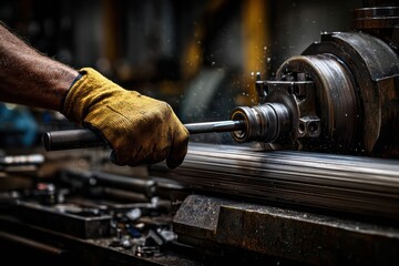 A skilled male worker operates large metal machinery in a manufacturing facility, with a close angle emphasizing safety gear and concentration.