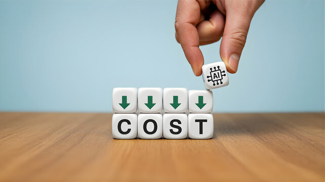 Strategic business cost reduction and financial optimization with dice showing 'COST' and downward arrows