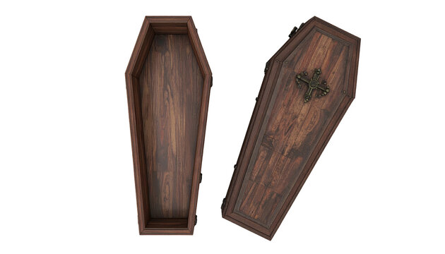Two open coffins, one plain, one with a cross, both made of dark wood, against a black background