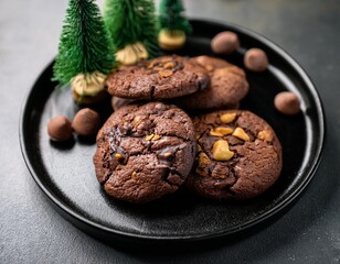 Fototapeta premium close up freshly baked homemade chocolate soft cookies mixed toppings biscuits wafer chocolate chips on black ceramic plate decorate with little tree dessert snack bakery yummy delicious tasty concept