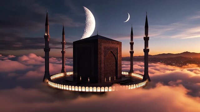 Islamic architecture fantasy: Mosque on clouds with crescent moon and minarets at sunset