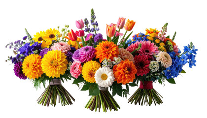Obraz premium Three vibrant floral bouquets, each with a unique array of colorful blossoms