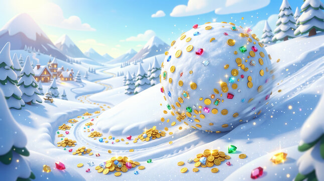 Giant Snowball Rolling Down Hill Accumulating Gold Coins Concept