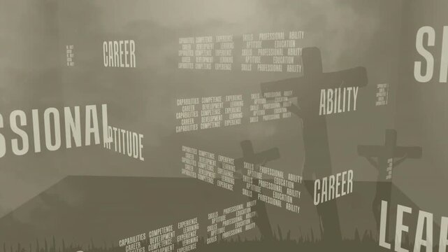 Camera starting slow sweep, floating career panels rotating and revealing left wall, showing SKILLS