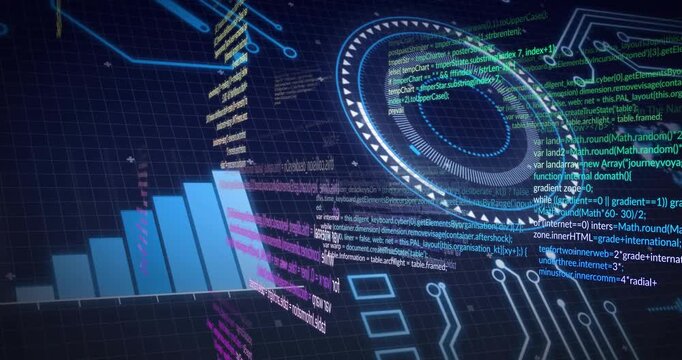 Signal pulse starting, concentric HUD rotating, code streams flowing, bars growing for telemetry