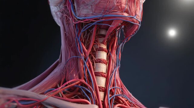 Detailed 3D rendering of human neck anatomy showing muscles, arteries, and veins