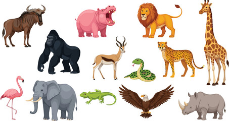 African Safari Wild Animals Set with Lion Giraffe Elephant Rhino Gorilla and Exotic Wildlife Vector Illustration © MdAbuSayed