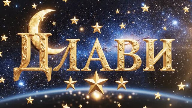 Golden Cyrillic Letters 'ДЛАВИ' Illuminated Amidst a Starry Night Sky with Moon and Earth's