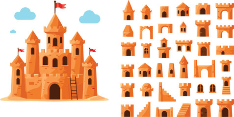 Cartoon Sand Castle Set with Medieval Towers Walls Gates and Fortress Elements Vector Illustration Collection © MdAbuSayed