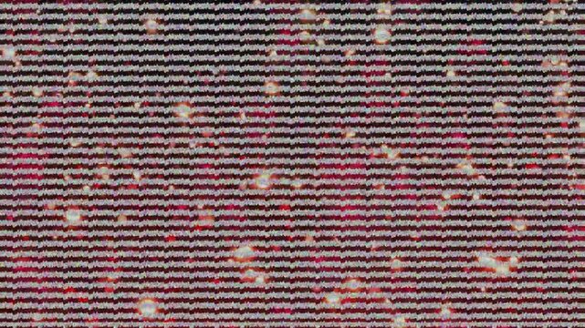 Horizontal scanline corruption after file glitch, shifting into blocky mosaics and glints to debug