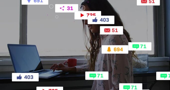 Woman typing on laptop, generating animated icons over red mug and lightbulb sketch for marketing