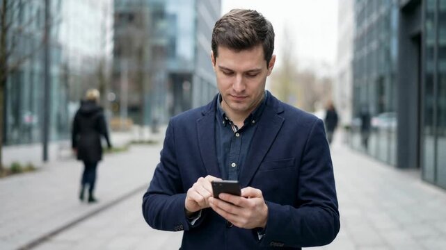 Man looking down at phone with visible forward head posture. Urban lifestyle scene highlighting technology-related spine strain. Natural light, realistic everyday setting.