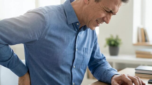 Middle-aged man experiencing lower back discomfort while working on laptop at desk. Modern workspace, calm lighting, sedentary work health concept.