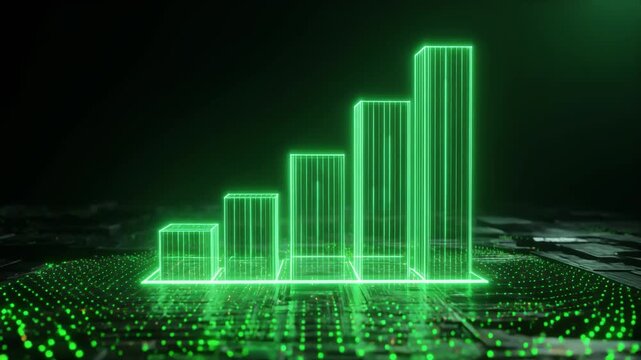 Glowing green holographic bar chart rising on a digital circuit board, representing data analytics, business growth, fintech and technology innovation.