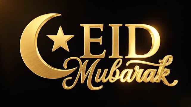 Golden Eid Mubarak Text with Crescent Moon and Star, Islamic Celebration Greeting, Festive Arabic