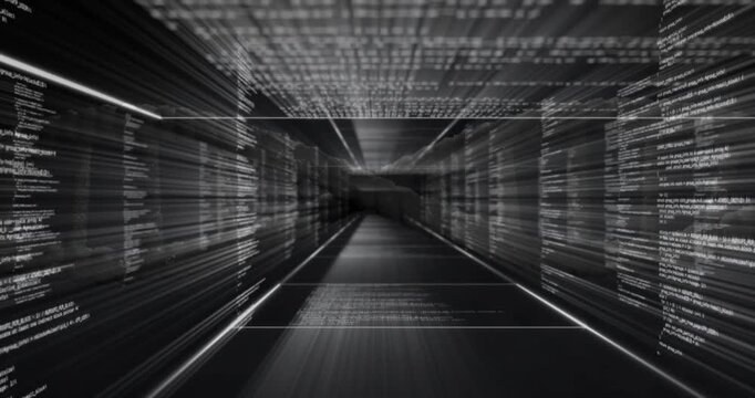 On start data corridor pushing forward, side code streaking, HUD rushing, simulating data flow