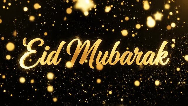 Golden Eid Mubarak Text with Sparkling Lights and Confetti on Black Background - Celebration