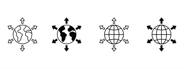 Collection of world expansion icons. Globe with arrows. International transfer or export worldwide. Vector illustration. © GraphicGlow