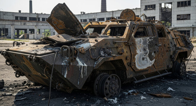 Burned Military Armored Vehicle in Urban Aftermath
