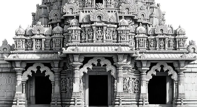 Intricate black and white facade of a traditional Indian temple with detailed carvings and multiple arched entrances.