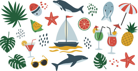 Obraz premium Summer vacation tropical island getaway with sailboat and refreshing drinks