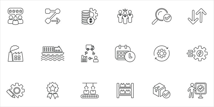 operations management icons set. manager operations,  logistics, production, inventory management, output, goods, quality control and more. simple line vector illustration