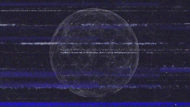 Thin static band crossing frame, wire globe pulsing, scan lines shifting showing signal corruption