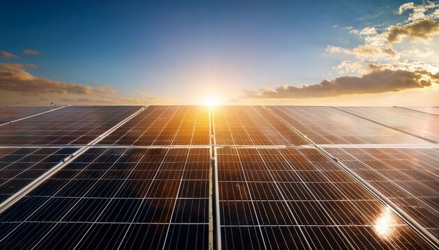 umweltfreundliche solarenergie gewonnen durch industrielle photovoltaik anlagen auf solarfeld mit strahlender sonne im hintergrund fur okonomischen strom der nachhaltig und ressourcenschonend fur die
