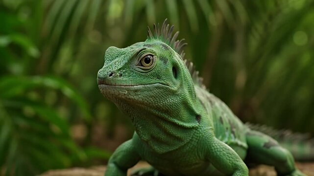 Portrait of a juvenile green crested basilisk lizard in a tropical setting