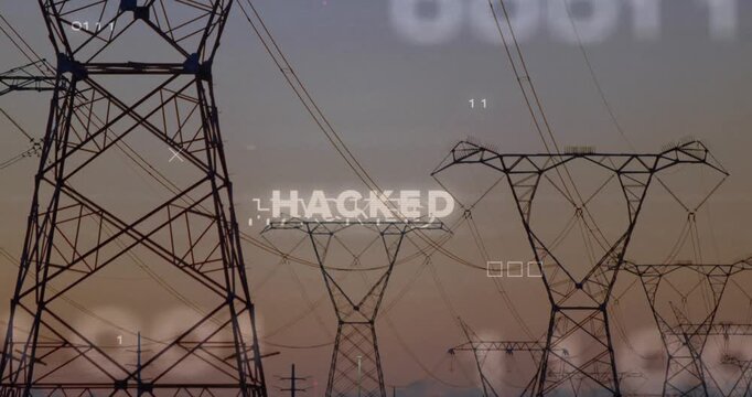 Digital overlay appearing, HACKED text flickering over power towers, pink circuits signaling breach