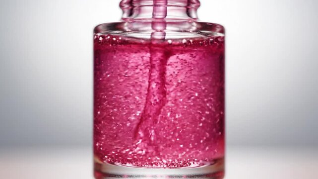 Close up of a glass bottle filled with pink sparkling liquid showing bubbles and carbonation process for beverage and drink packaging concept