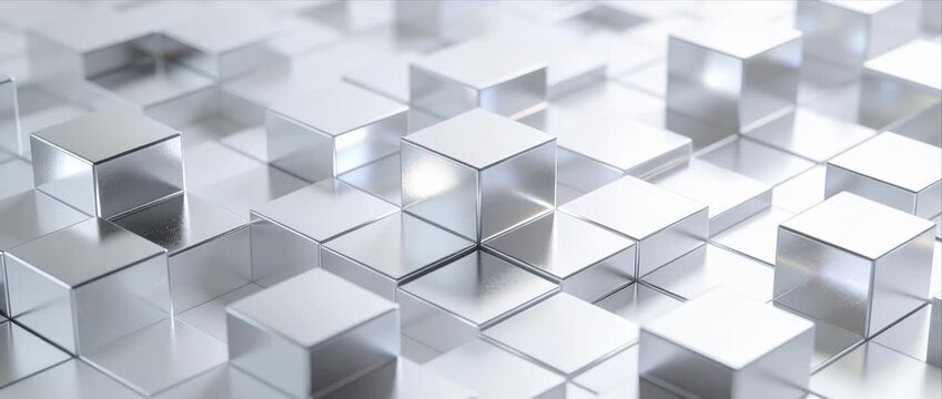 Metal cube abstract geometry reflective modern minimal shiny pattern technology background 3d render metallic cube field chrome texture silver color geometric design looping motion reflective surface