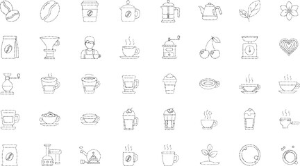 Coffee shop dotted line collection of brewing and drinking coffee beans coffee bag coffee cup coffee mug