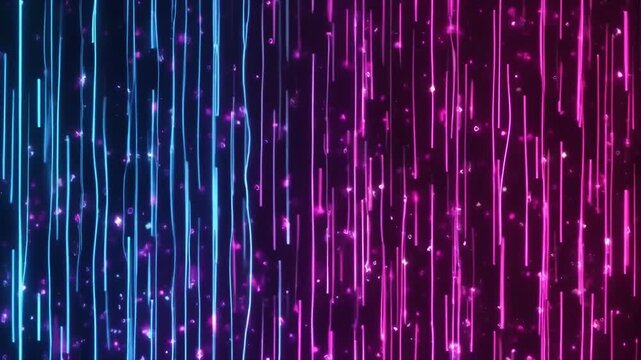 Futuristic looping neon blue magenta vertical code rain smooth flowing lines scattered glowing particles seamless surreal ambience cascading softly cinematic loop